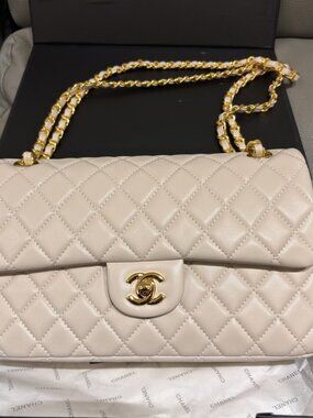 Chanel Medium Classic Flap White Lambskin Gold